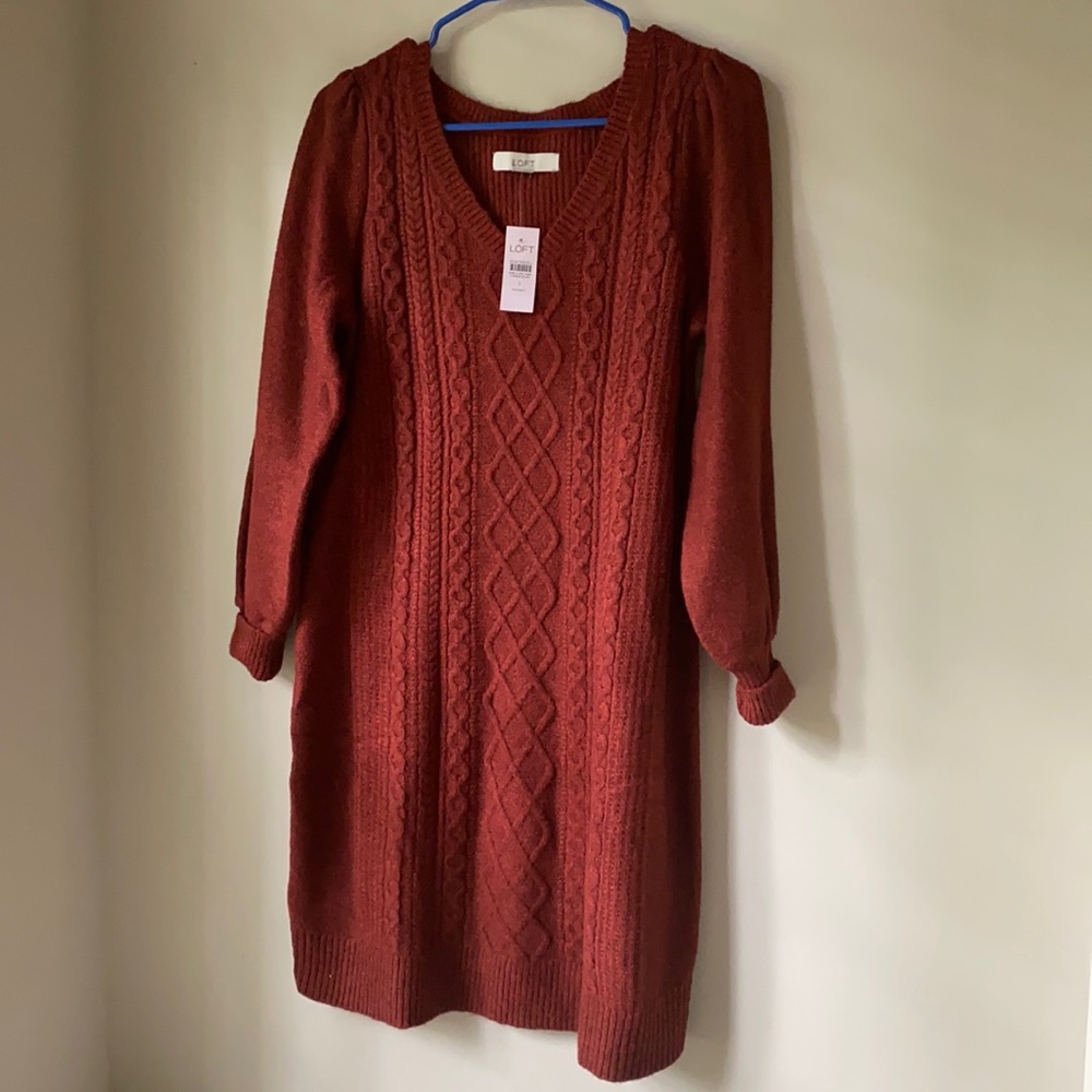 NWT LOFT Maternity Puff Sleeve Cable Sweater Dress